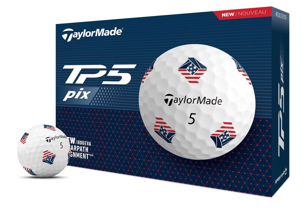 TaylorMade TP5 PIX 3.0 frontal del paquete mostrando la docena y diseño USA para estilo y rendimiento