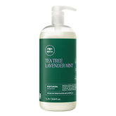 Tea Tree botella frontal con fragancia lavanda y menta, hidratación visible