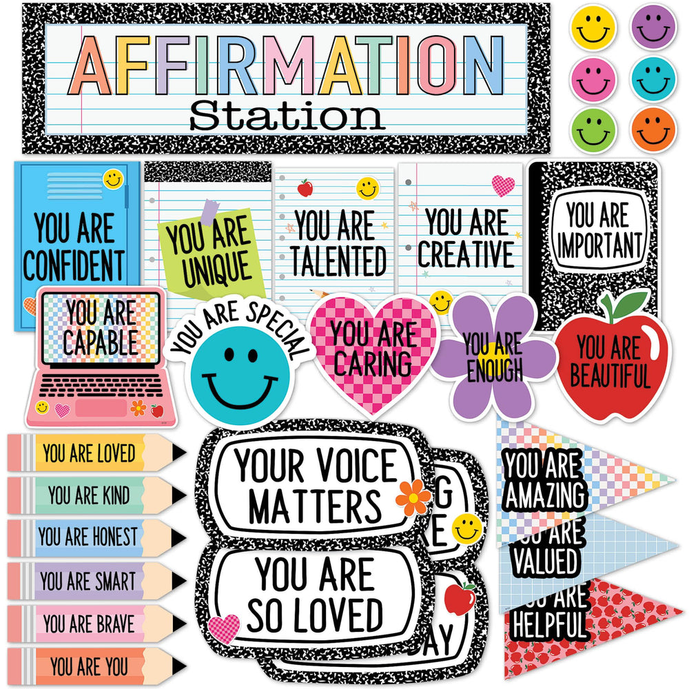 Teacher Created Resources encabezado Affimation Station visible y llamativo para motivar