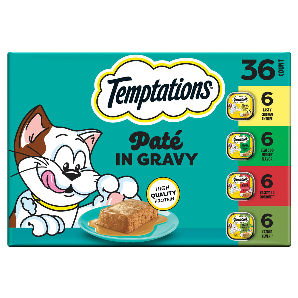 Temptations paquete surtido frontal mostrando bandejas y conveniencia