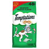 Temptations tub front view showing Seafood Medley label and easy-access lid benefit