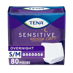 TENA empaque frontal mostrando 80 unidades y talla S/M, protección nocturna