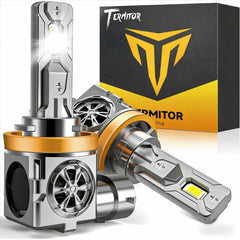 Termitor vista frontal en empaque mostrando bombillas H11 y beneficios de brillo