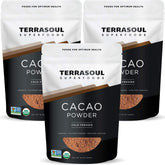 Terrasoul Superfoods empaque frontal del cacao en polvo, calidad orgánica evidente