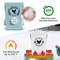 Tgeyd feeder and waterer hanging in coop preventing tipping and mess