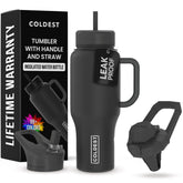 The Coldest Water vaso frontal mostrando asa y acabado stealth black, seguro para transporte