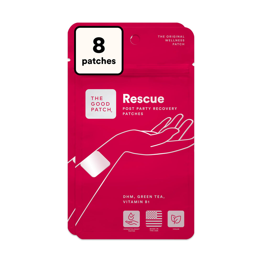 The Good Patch empaque frontal mostrando 8 parches y facilidad de transporte
