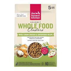 The Honest Kitchen empaque frontal 5 lb mostrando clusters apetitosos y transparente