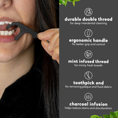 The Humble Co. primer plano del doble hilo con carbón que facilita limpieza interdental