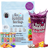 The Loaded Tea Shop paquete frente mostrando 10 sobres y variedad de sabores