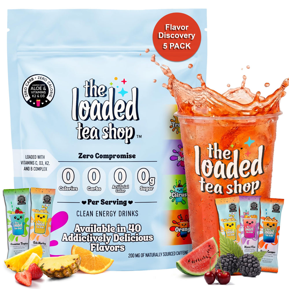 The Loaded Tea Shop frente del paquete mostrando variedad de sabores y beneficios