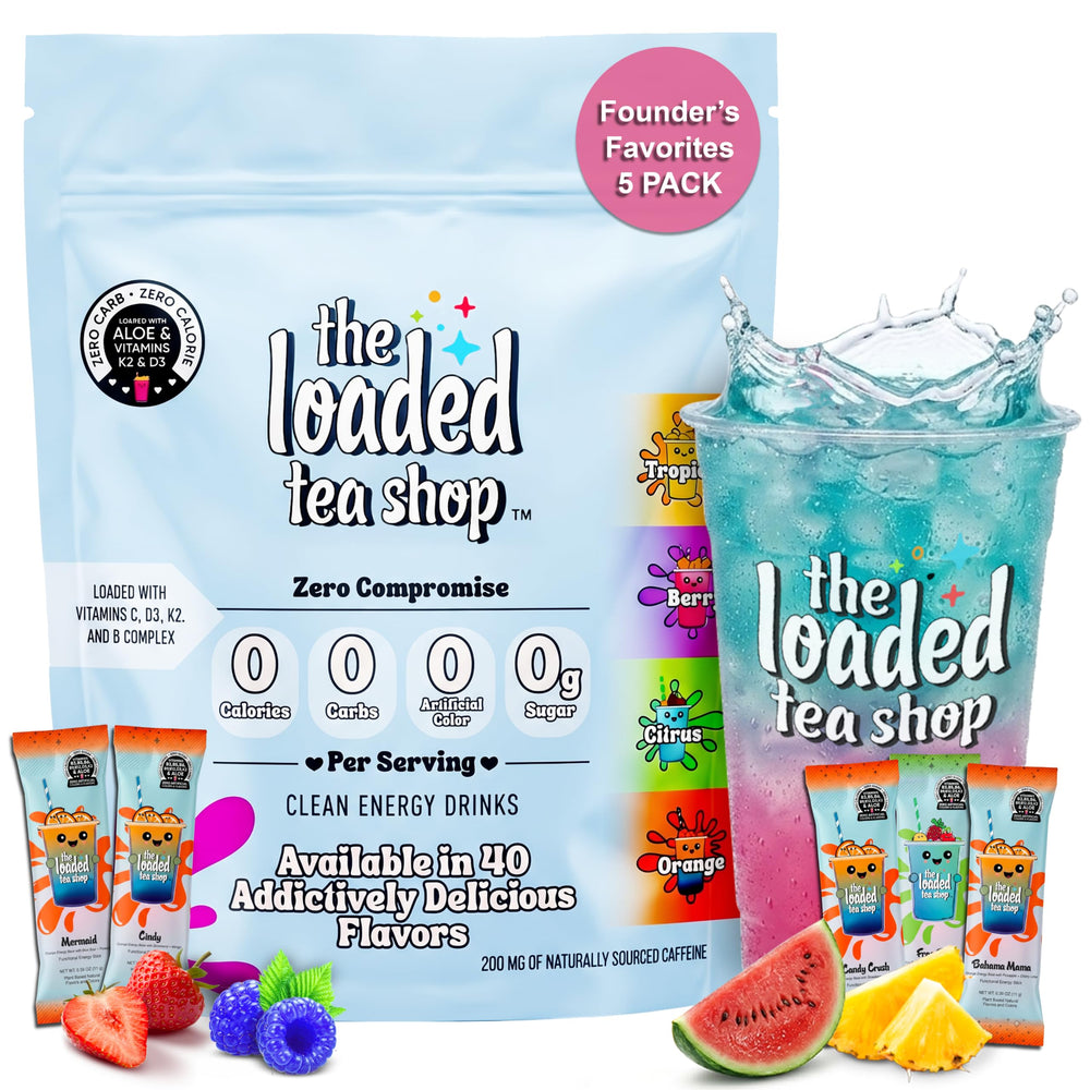 The Loaded Tea Shop frente del paquete mostrando los cinco sabores y conveniencia