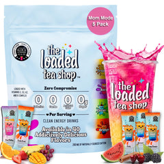 The Loaded Tea Shop pack frontal Mom Mode mostrando cinco sabores y beneficios