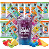 The Loaded Tea Shop embalaje frontal mostrando 20 sticks y variedad de sabores listos