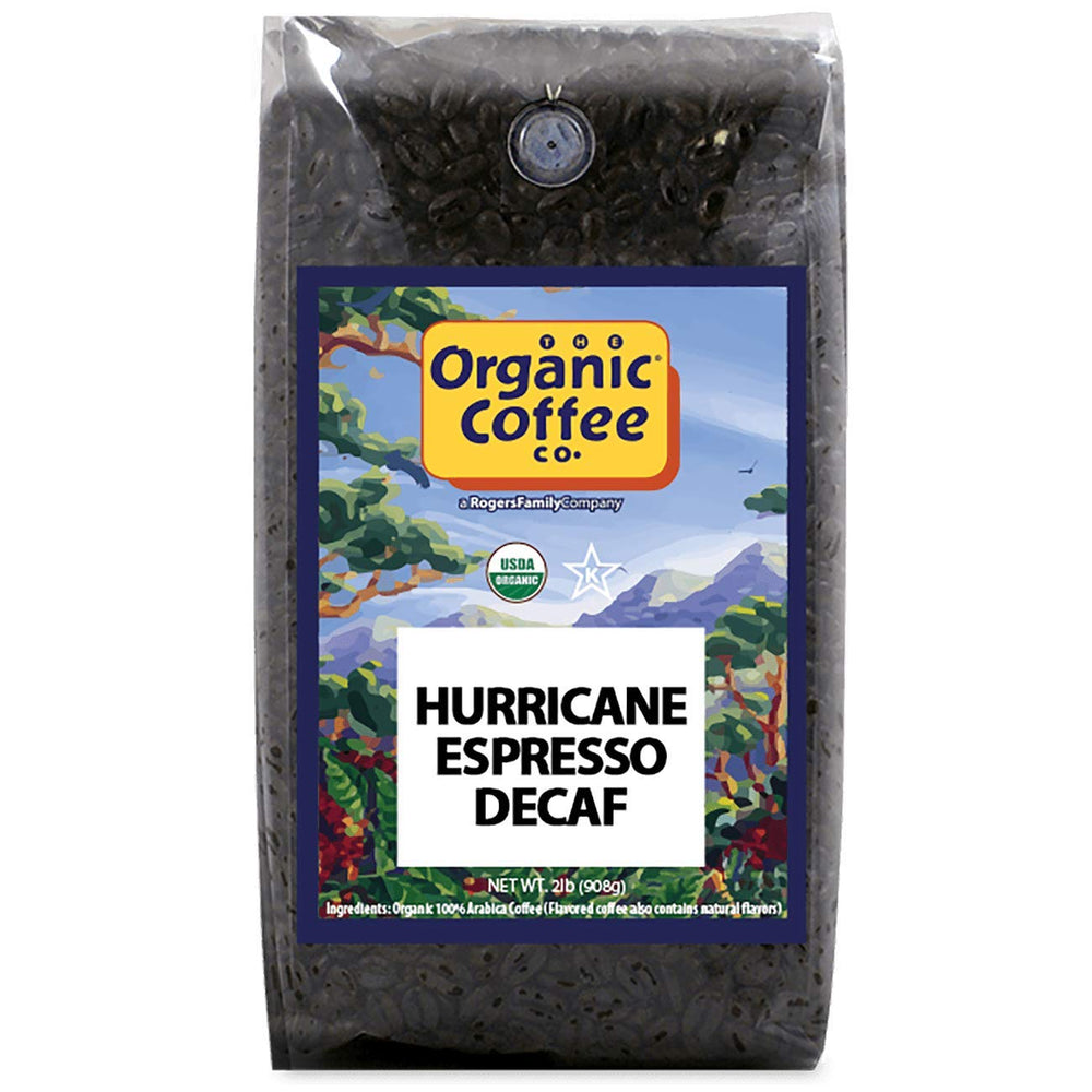 The Organic Coffee Co. bolsa Hurricane Espresso Decaf 2 lb mostrando diseño frontal y sello sostenible