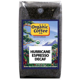 The Organic Coffee Co. bolsa Hurricane Espresso Decaf 2 lb mostrando diseño frontal y sello sostenible