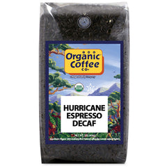 The Organic Coffee Co. bolsa Hurricane Espresso Decaf 2 lb mostrando diseño frontal y sello sostenible