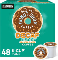 The Original Donut Shop caja de 48 K-Cup mostrando compatibilidad Keurig y conveniencia