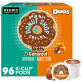 The Original Donut Shop frontal del empaque Duos Nutty + Caramel mostrando 96 cápsulas y beneficio de sabor consistente
