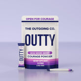The Outgoing Co Outty frente del paquete mostrando 15 sticks y beneficio de portabilidad