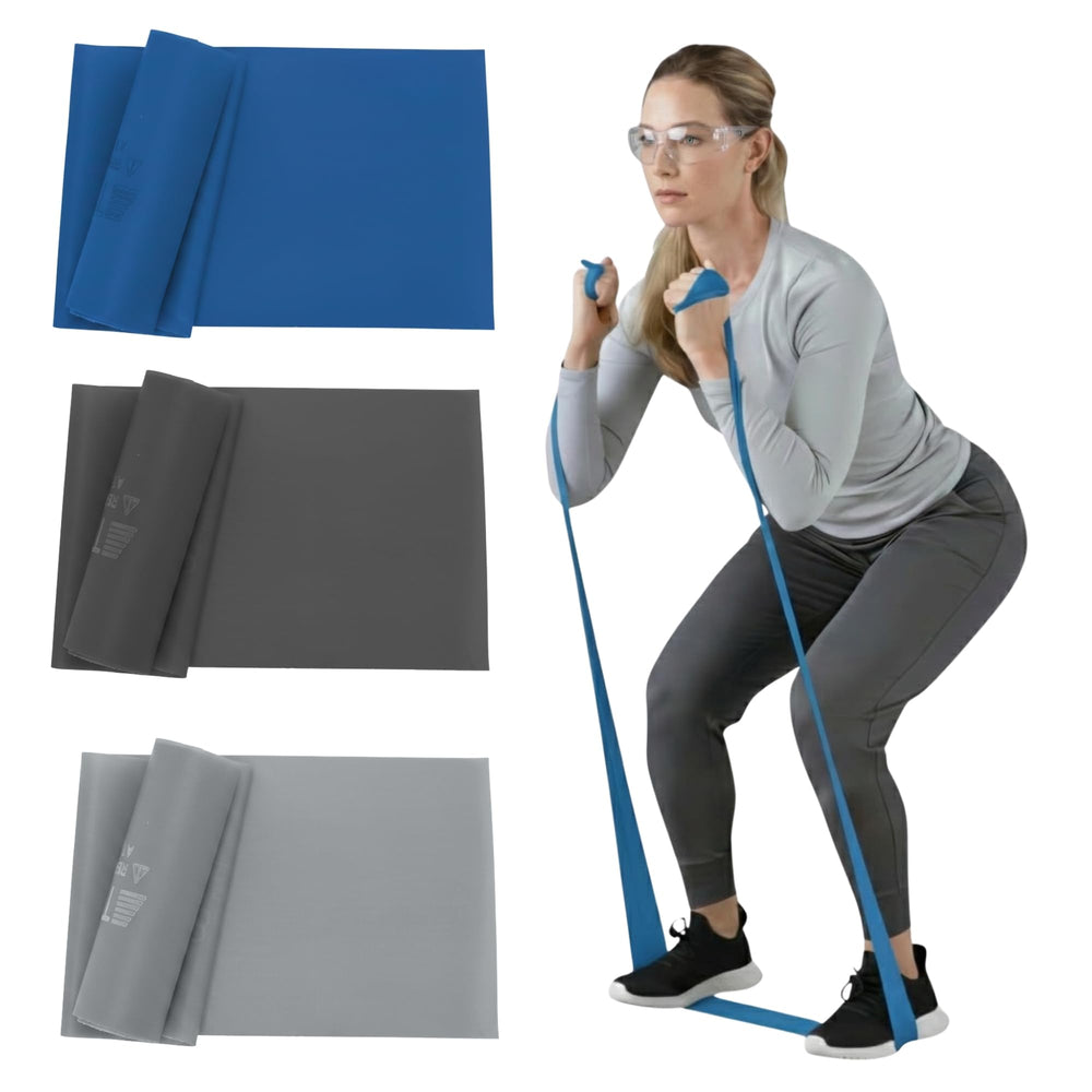 THERABAND vista frontal del set con bandas azul negro plata, ideal para entrenar