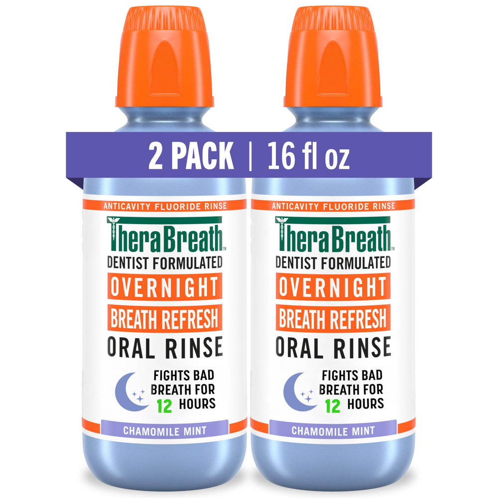 TheraBreath enjuague nocturno frente del envase mostrando tamaño y sabor chamomile mint