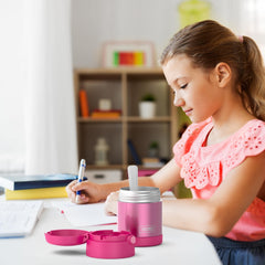 THERMOS FUNTAINER tapa abierta con cuchara plegable lista para comer fuera