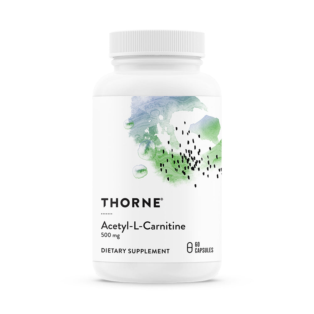 THORNE envase frontal mostrando acetyl-l-carnitine y beneficio de apoyo cognitivo