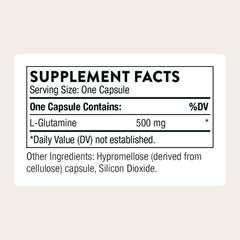 Primer plano de una cápsula Thorne L-Glutamine para ver forma y color