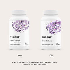 THORNE ashwagandha y ginseng ilustrados indicando ingredientes activos