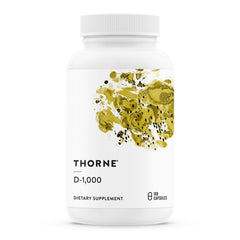 THORNE envase frontal de Vitamin D-1,000 mostrando 180 cápsulas y marca