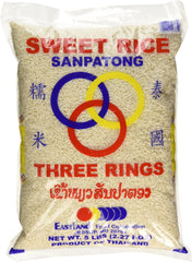Three Rings envase frontal del arroz sticky 5 lb mostrando etiqueta y uso