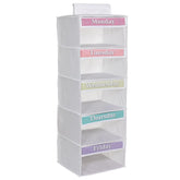 Three Sweet Peas Co front view of five-shelf hanging organizer showing weekday labels and structure for quick outfit access
