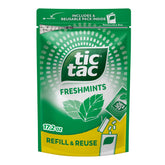 Tic Tac bolsa frontal mostrando sello resellable y ahorro de porciones