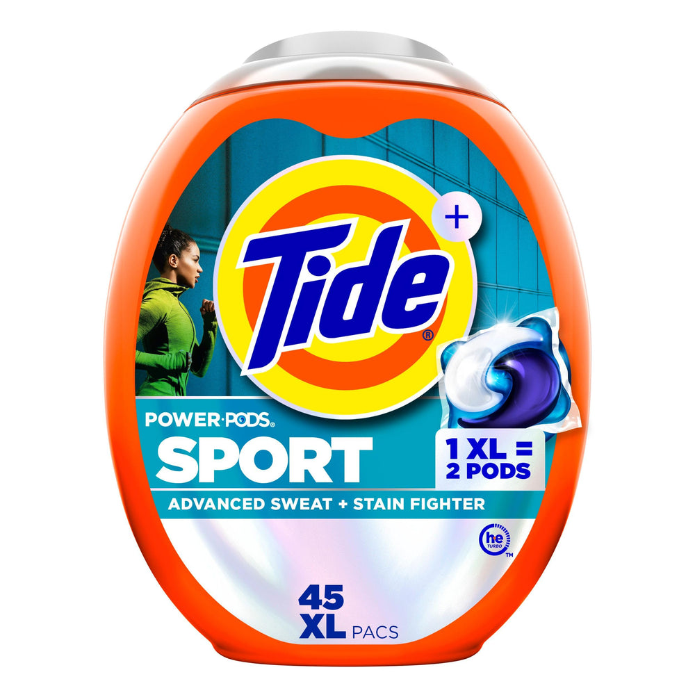 Tide caja frontal Sport 45 mostrando el envase y beneficio práctico
