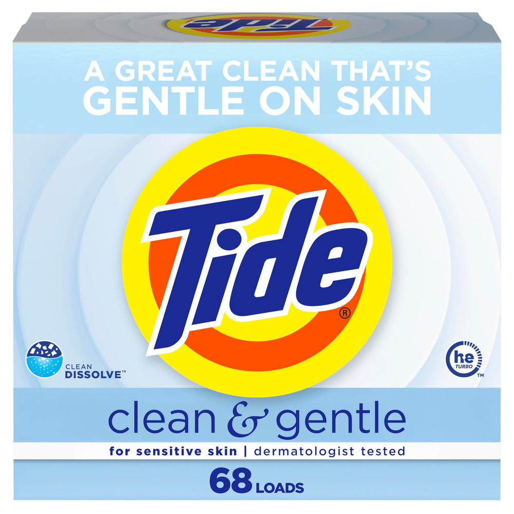 Tide Clean and Gentle frente del empaque mostrando el diseño y cantidad