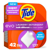 Tide evo frente del empaque mostrando caja reciclable y limpieza práctica