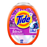 Tide paquete frontal 45 cápsulas mostrando ahorro y conveniencia