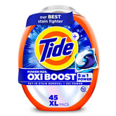 Tide empaque frontal mostrando 45 PODS y beneficio de limpieza potente