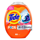 Tide PODS paquete frontal mostrando 85 pacs y beneficio de conveniencia