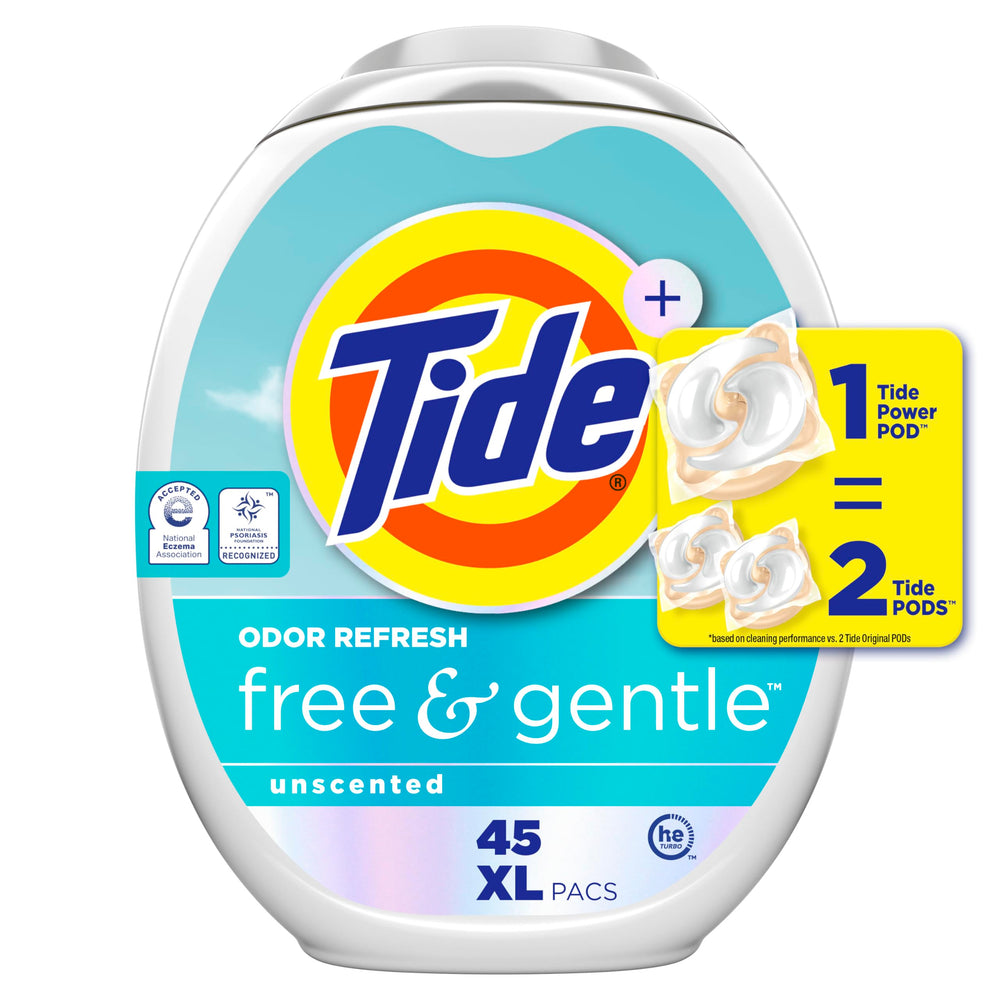 Tide empaque frontal mostrando 45 pacs y beneficios