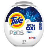 Tide PODS frontal del envase mostrando 57 unidades y fácil acceso