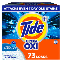 Tide Ultra OXI Powder frontal del empaque mostrando uso y beneficio