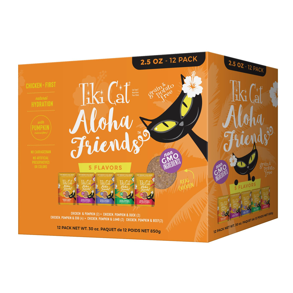 Tiki Cat frente del empaque Aloha Friends mostrando pack variado y conveniencia
