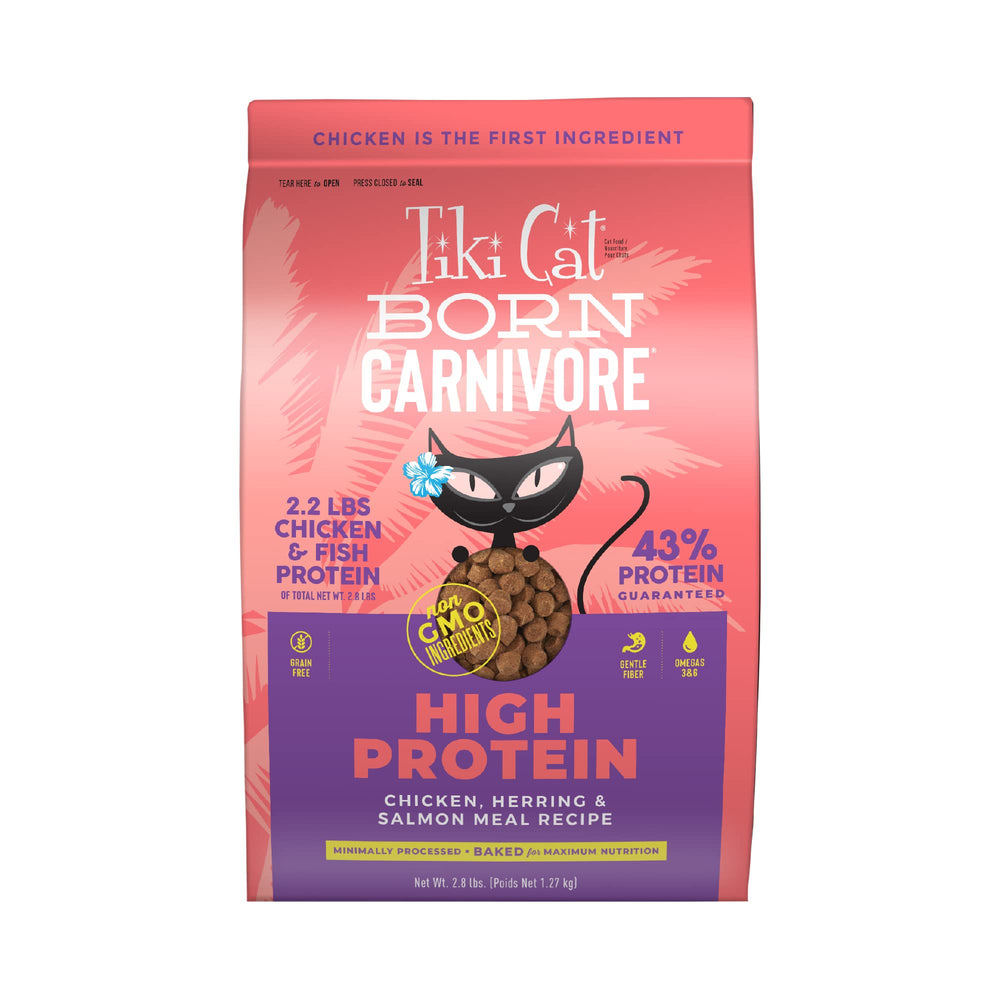 Tiki Cat paquete frontal mostrando la fórmula alta en proteína y beneficio nutricional
