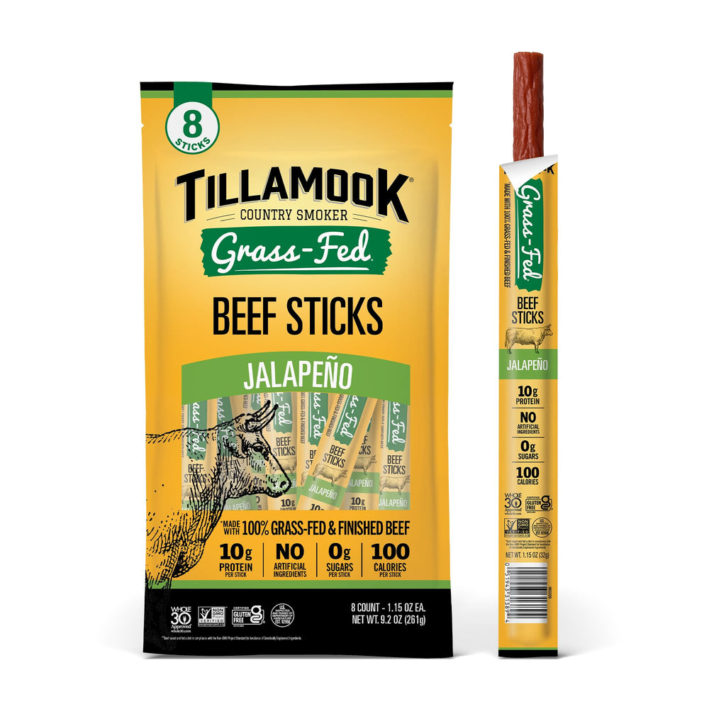 Tillamook Country Smoker empaque frontal mostrando bastones sin azúcar y proteína
