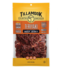 Tillamook Country Smoker paquete frente mostrando sabor Teriyaki y conveniencia