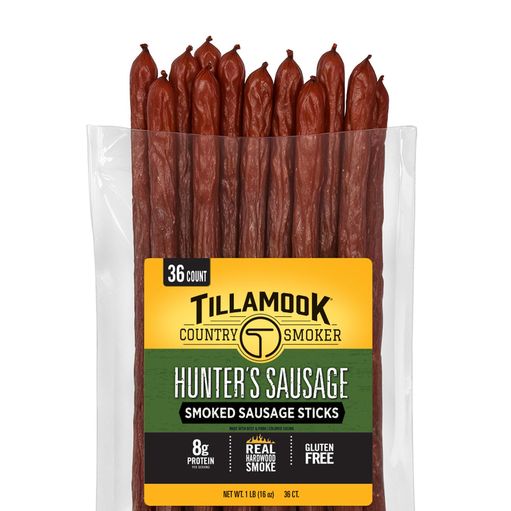 Tillamook Country Smoker empaque frontal mostrando 36 palitos y conveniencia