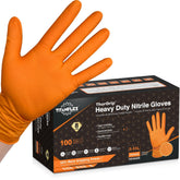 TitanFlex caja frontal naranja mostrando 100 guantes para disponibilidad inmediata