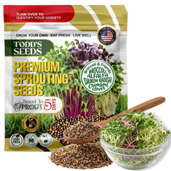 Todd's Seeds bolsa frontal mostrando mezcla de semillas y beneficio de ahorro